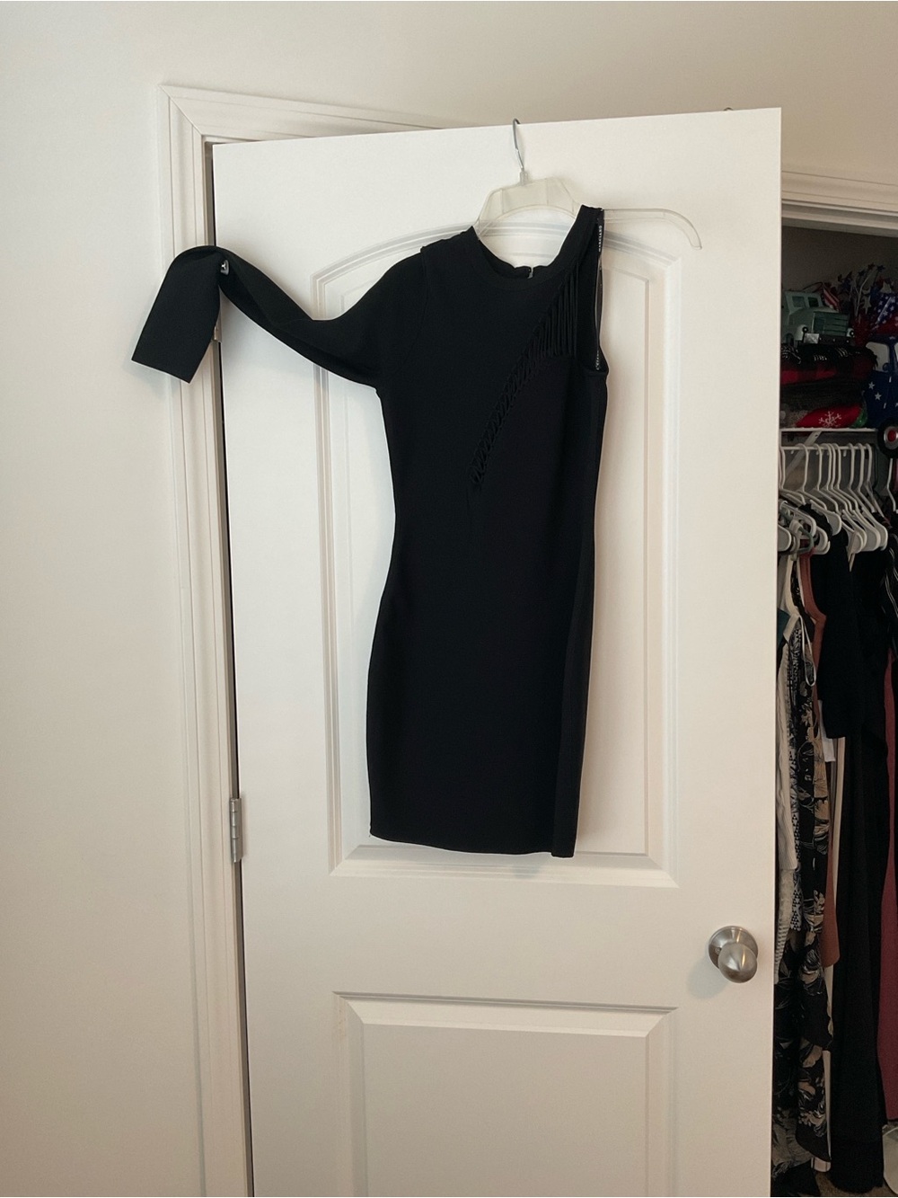 Marciano Black One-Shoulder Fringe Sheath Dress